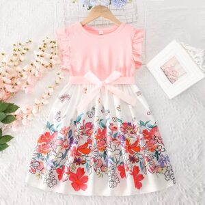 2025 Girls Summer Print Flower Spliced Dress